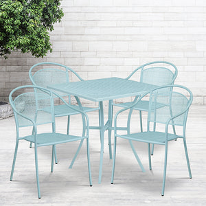 Commercial Grade 28" Square Sky Blue Indoor-Outdoor Steel Patio Table Set with 4 Round Back Chairs by Office Chairs PLUS