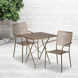 Commercial Grade 28" Square Gold Indoor-Outdoor Steel Folding Patio Table Set with 2 Square Back Chairs by Office Chairs PLUS