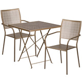 Commercial Grade 28" Square Gold Indoor-Outdoor Steel Folding Patio Table Set with 2 Square Back Chairs