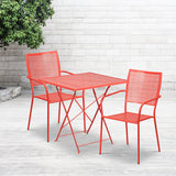 Commercial Grade 28" Square Coral Indoor-Outdoor Steel Folding Patio Table Set with 2 Square Back Chairs by Office Chairs PLUS