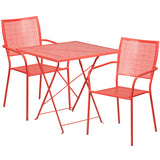 Commercial Grade 28" Square Coral Indoor-Outdoor Steel Folding Patio Table Set with 2 Square Back Chairs