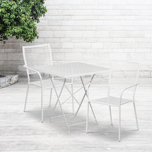 Commercial Grade 28" Square White Indoor-Outdoor Steel Folding Patio Table Set with 2 Square Back Chairs by Office Chairs PLUS