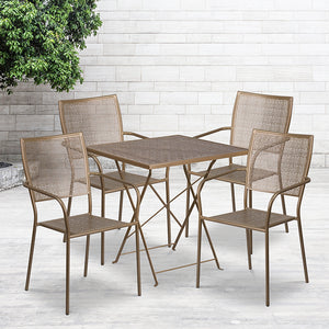 Commercial Grade 28" Square Gold Indoor-Outdoor Steel Folding Patio Table Set with 4 Square Back Chairs by Office Chairs PLUS