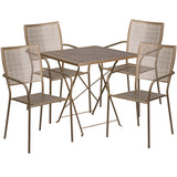 Commercial Grade 28" Square Gold Indoor-Outdoor Steel Folding Patio Table Set with 4 Square Back Chairs