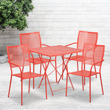 Commercial Grade 28" Square Coral Indoor-Outdoor Steel Folding Patio Table Set with 4 Square Back Chairs by Office Chairs PLUS