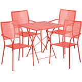 Commercial Grade 28" Square Coral Indoor-Outdoor Steel Folding Patio Table Set with 4 Square Back Chairs