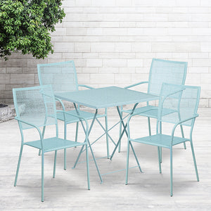 Commercial Grade 28" Square Sky Blue Indoor-Outdoor Steel Folding Patio Table Set with 4 Square Back Chairs by Office Chairs PLUS