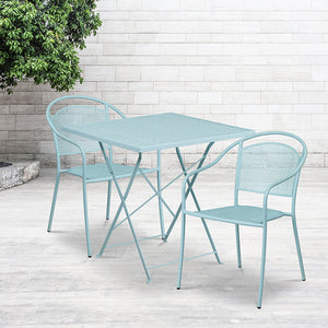 Commercial Grade 28" Square Sky Blue Indoor-Outdoor Steel Folding Patio Table Set with 2 Round Back Chairs by Office Chairs PLUS