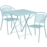 Commercial Grade 28" Square Sky Blue Indoor-Outdoor Steel Folding Patio Table Set with 2 Round Back Chairs