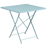 Commercial Grade 28" Square Sky Blue Indoor-Outdoor Steel Folding Patio Table Set with 4 Round Back Chairs