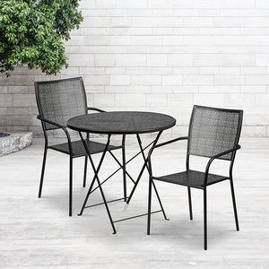 Commercial Grade 30" Round Black Indoor-Outdoor Steel Folding Patio Table Set with 2 Square Back Chairs by Office Chairs PLUS