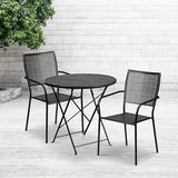 Commercial Grade 30" Round Black Indoor-Outdoor Steel Folding Patio Table Set with 2 Square Back Chairs by Office Chairs PLUS