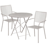 Commercial Grade 30" Round Light Gray Indoor-Outdoor Steel Folding Patio Table Set with 2 Square Back Chairs