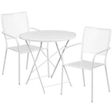 Commercial Grade 30" Round White Indoor-Outdoor Steel Folding Patio Table Set with 2 Square Back Chairs