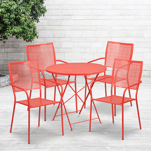 Commercial Grade 30" Round Coral Indoor-Outdoor Steel Folding Patio Table Set with 4 Square Back Chairs by Office Chairs PLUS