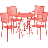 Commercial Grade 30" Round Coral Indoor-Outdoor Steel Folding Patio Table Set with 4 Square Back Chairs