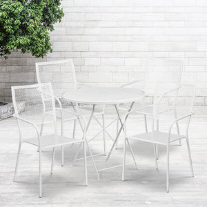 Commercial Grade 30" Round White Indoor-Outdoor Steel Folding Patio Table Set with 4 Square Back Chairs by Office Chairs PLUS