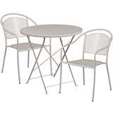 Commercial Grade 30" Round Light Gray Indoor-Outdoor Steel Folding Patio Table Set with 2 Round Back Chairs