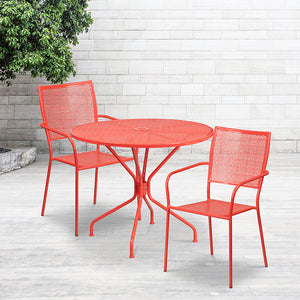 Commercial Grade 35.25" Round Coral Indoor-Outdoor Steel Patio Table Set with 2 Square Back Chairs by Office Chairs PLUS