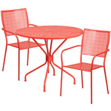 Commercial Grade 35.25" Round Coral Indoor-Outdoor Steel Patio Table Set with 2 Square Back Chairs