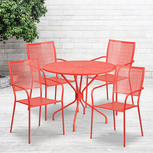 Commercial Grade 35.25" Round Coral Indoor-Outdoor Steel Patio Table Set with 4 Square Back Chairs by Office Chairs PLUS