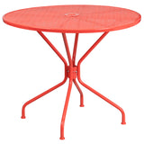 Commercial Grade 35.25" Round Coral Indoor-Outdoor Steel Patio Table Set with 4 Square Back Chairs