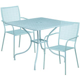 Commercial Grade 35.5" Square Sky Blue Indoor-Outdoor Steel Patio Table Set with 2 Square Back Chairs