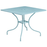 Commercial Grade 35.5" Square Sky Blue Indoor-Outdoor Steel Patio Table Set with 2 Square Back Chairs
