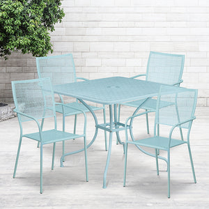 Commercial Grade 35.5" Square Sky Blue Indoor-Outdoor Steel Patio Table Set with 4 Square Back Chairs by Office Chairs PLUS