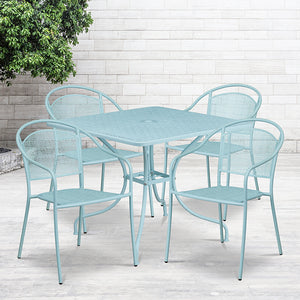 Commercial Grade 35.5" Square Sky Blue Indoor-Outdoor Steel Patio Table Set with 4 Round Back Chairs by Office Chairs PLUS