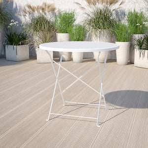 Commercial Grade 30" Round White Indoor-Outdoor Steel Folding Patio Table by Office Chairs PLUS