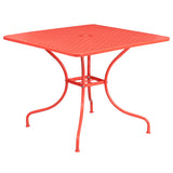 Commercial Grade 35.5" Square Coral Indoor-Outdoor Steel Patio Table with Umbrella Hole