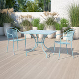 Commercial Grade 35.5" Square Sky Blue Indoor-Outdoor Steel Patio Table with Umbrella Hole by Office Chairs PLUS