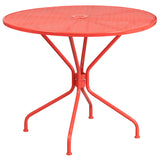 Commercial Grade 35.25" Round Coral Indoor-Outdoor Steel Patio Table with Umbrella Hole