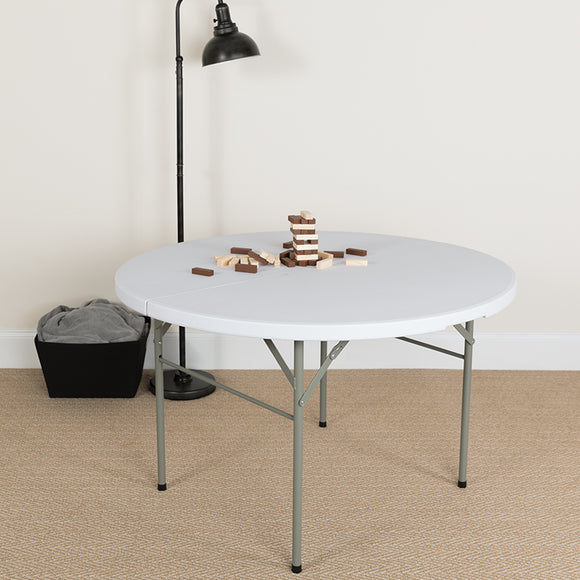 4-Foot Round Bi-Fold Granite White Plastic Banquet and Event Folding Table with Carrying Handle by Office Chairs PLUS