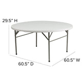 5-Foot Round Bi-Fold White Plastic Folding Table with Carrying Handle