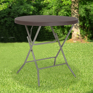 2.6-Foot Round Brown Rattan Plastic Folding Table by Office Chairs PLUS