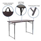 4-Foot Height Adjustable Bi-Fold Brown Wood Grain Plastic Folding Table with Carrying Handle