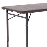 4-Foot Height Adjustable Bi-Fold Brown Wood Grain Plastic Folding Table with Carrying Handle