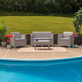 4 Piece Outdoor Faux Rattan Chair, Loveseat and Table Set in Light Gray by Office Chairs PLUS