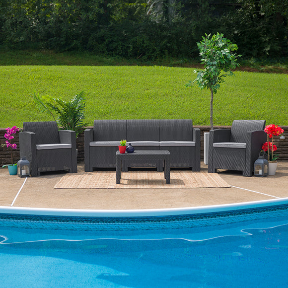 4 Piece Outdoor Faux Rattan Chair, Sofa and Table Set in Dark Gray by Office Chairs PLUS