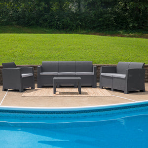 4 Piece Outdoor Faux Rattan Chair, Loveseat, Sofa and Table Set in Dark Gray by Office Chairs PLUS