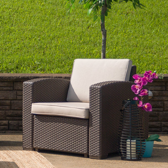Chocolate Brown Faux Rattan Chair with All-Weather Beige Cushion by Office Chairs PLUS