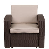 Chocolate Brown Faux Rattan Chair with All-Weather Beige Cushion