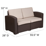 Chocolate Brown Faux Rattan Loveseat with All-Weather Beige Cushions 