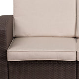 Chocolate Brown Faux Rattan Loveseat with All-Weather Beige Cushions 
