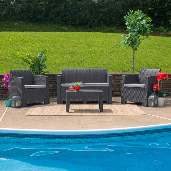 Dark Gray Faux Rattan Loveseat with All-Weather Light Gray Cushions by Office Chairs PLUS