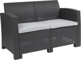 Dark Gray Faux Rattan Loveseat with All-Weather Light Gray Cushions