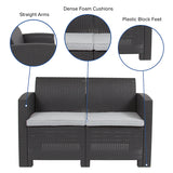 Dark Gray Faux Rattan Loveseat with All-Weather Light Gray Cushions