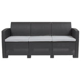 Dark Gray Faux Rattan Sofa with All-Weather Light Gray Cushions